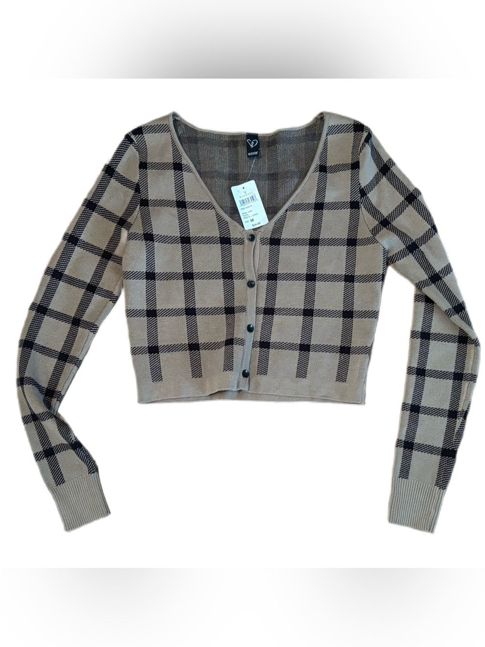 NWT Windsor Plaid Daze Cropped Cardigan Taupe Black Grid Knit Sweater M